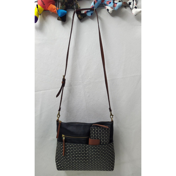 Fossil Black Coated Canvas Leather Trim Zipper Crossbody Bag - Picture 7 of 16